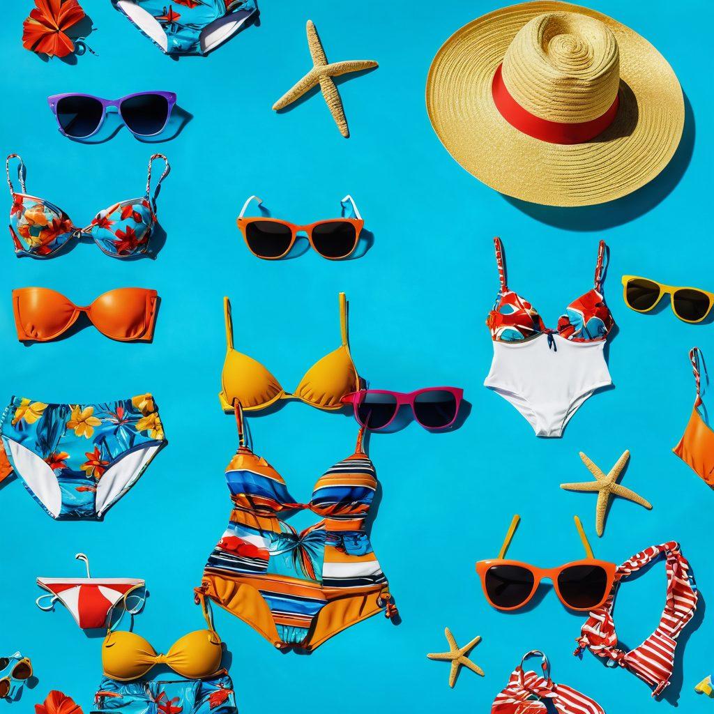 A vibrant beach scene featuring colorful bikini graphics on mannequins and scattered fashion items like sunglasses, hats, and beach bags. The backdrop showcases a serene ocean with turquoise waters and a bright blue sky, embodying a perfect getaway vibe. The composition should feel lively and inviting, enticing viewers to dive into beach fashion. super-realistic. vibrant colors. tropical setting.